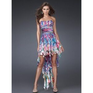 La Femme Purple Blue Asymmetrical Strapless Sundress